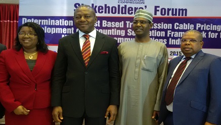 (L-r): Ms. Josephine Amuwa, director, Policy, Competition & Economic Analysis, Okechukwu Itanyi, executive commissioner, Stakeholder Management, Yusuf Hamisu, board member, all from NCC and  Joseph Tegbe, partner and head, Telecoms, Media and Technology Management Consulting at KPMG, during Stakeholders Forum on ‘Transmission Cable Pricing’ held in Lagos on Tuesday.